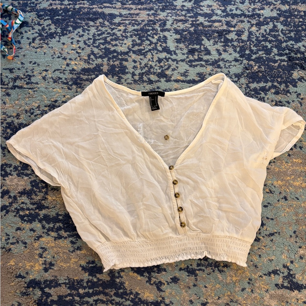 Forever 21 Cream Short Sleeve Crop Blouse